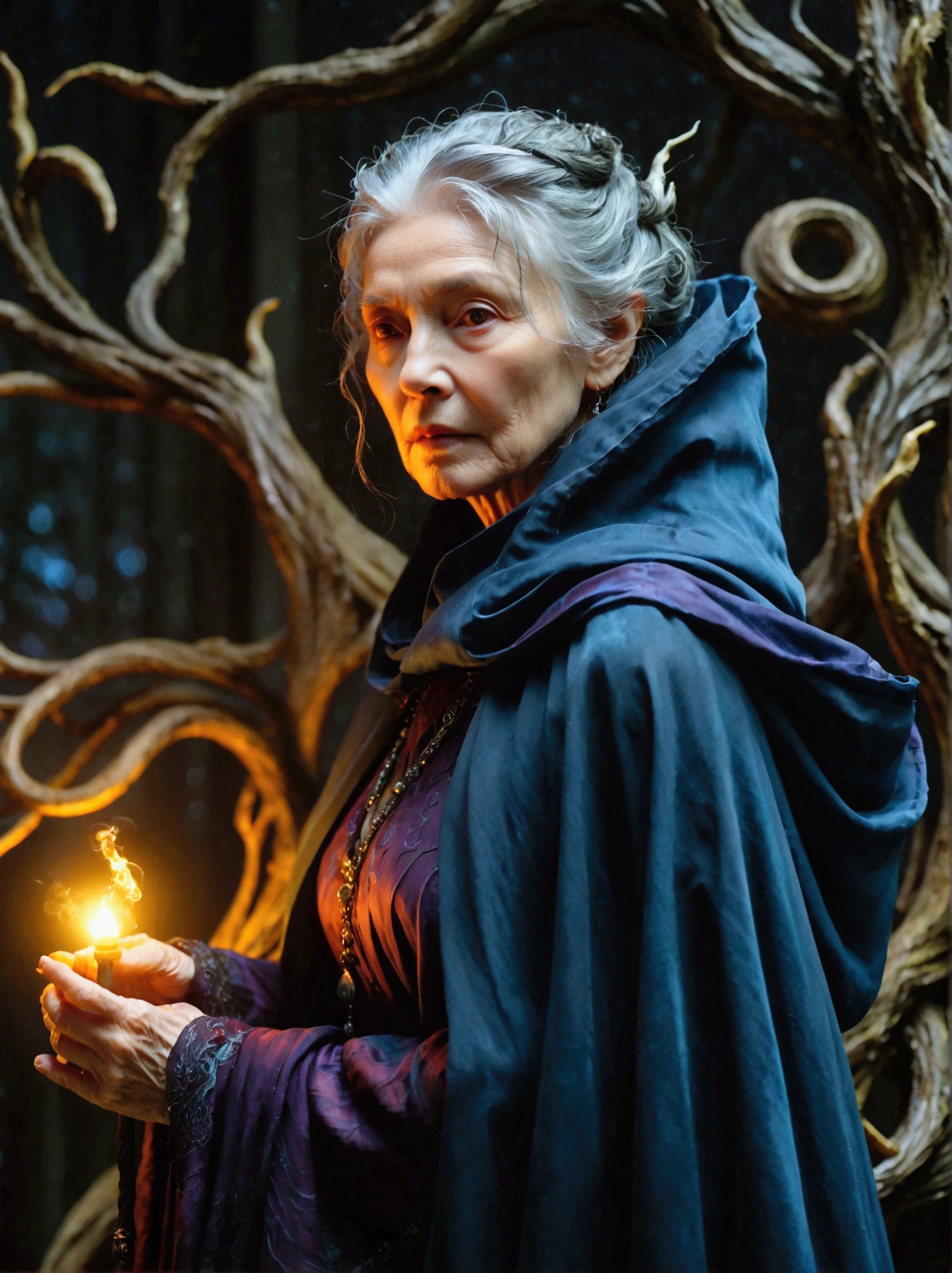 Visualize a scene with an aged female sorceress as the main character. She has an ominous aura around her, hinting at her malevolent inclinations. She's seen from the front, revealing her wrinkled, weather-beaten face, stringy hair, and a cloak draped over her frail shoulders. In her hands, she clutches a gnarled staff. Her eyes, though old, flicker with a mischievous glint that suggests her wicked intentions. She stands in a gloomy setting, possibly her lair, surrounded by various obscure objects symbolizing her arcane arts.