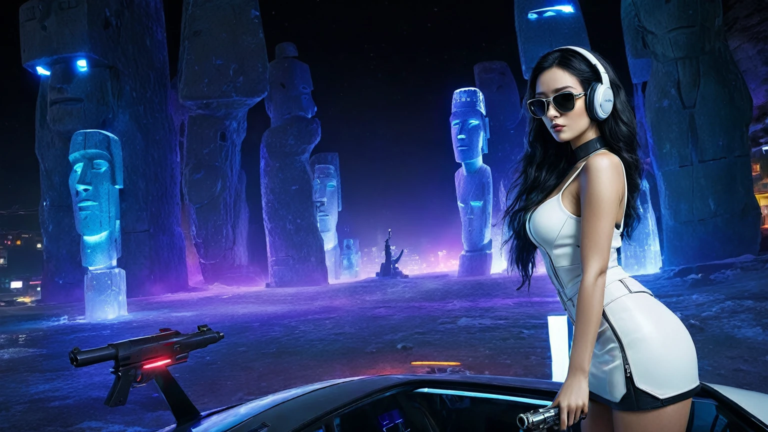 At night, dark sky, distant shot aerial view of fantasy cyberpunk style ice ((Moai-statue)) city, ((flying car)). ((1girl, solo, alone)), medium-breast:1.1 slim body, cleavage, sexy clothes, (headphone, black sunglasses, long black realistic hair), (((hip-up standing and holding pistol))), half-body thigh level medium shot, cinematic lighting.