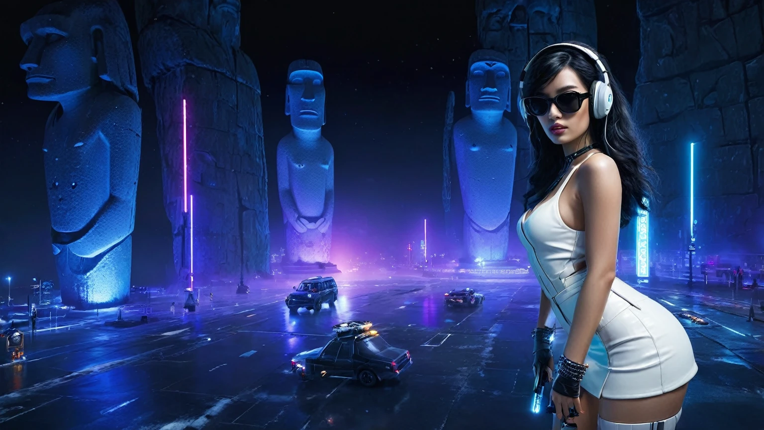 At night, dark sky, distant shot aerial view of fantasy cyberpunk style ice ((Moai-statue)) city, ((flying car)). ((1girl, solo, alone)), medium-breast:1.1 slim body, cleavage, sexy clothes, (headphone, black sunglasses, long black realistic hair), (((hip-up standing and holding pistol))), half-body thigh level medium shot, cinematic lighting.