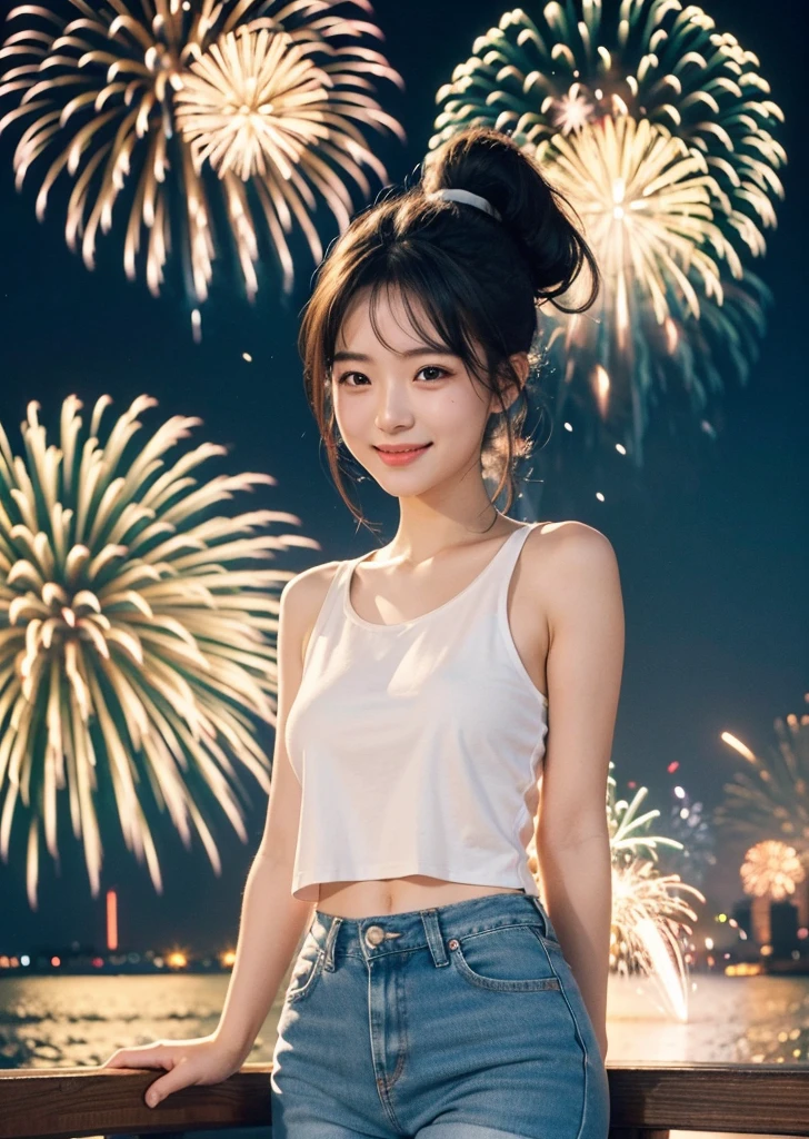 Diffuse lighting、 Highest quality, High resolution, unity 8k wallpaper、Supersaturation, Colorful, 8K resolution, 1 female、Japanese、23 years old、Close-up portrait、Adorable, smile、looks fun、 Colorful fireworks burst into the sky、White tank top、Mini length denim hot pants、ponytail、Lively、 The atmosphere was cheerful, Fireworks on the water、Fireworks、looks fun、Japanese Festivals, Best Quality, Depth of written boundary, Detailed Background, Beautiful cheeks, Sparkling Eyes, And the starry sky at night,whole body、