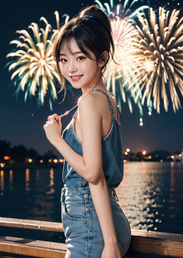 Diffuse lighting、 Highest quality, High resolution, unity 8k wallpaper、Supersaturation, Colorful, 8K resolution, 1 female、Japanese、23 years old、Close-up portrait、Adorable, smile、looks fun、 Colorful fireworks burst into the sky、White tank top、Mini length denim hot pants、ponytail、Lively、 The atmosphere was cheerful, Aerial fireworks、looks fun、Japanese Festivals, Best Quality, Depth of written boundary, Detailed Background, Beautiful cheeks, Sparkling Eyes, And the starry sky at night,whole body、