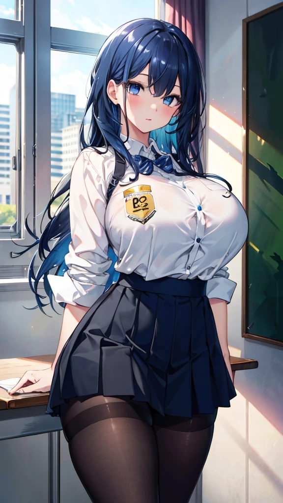 (masterpiece, best quality, 8k, ultra detailed, highres, illustration, Huge breasts), long black hair, inner blue hair, school, (thick tighs), Blue eyes, Pantyhose, short skirt, white shirt, , sexy,solo