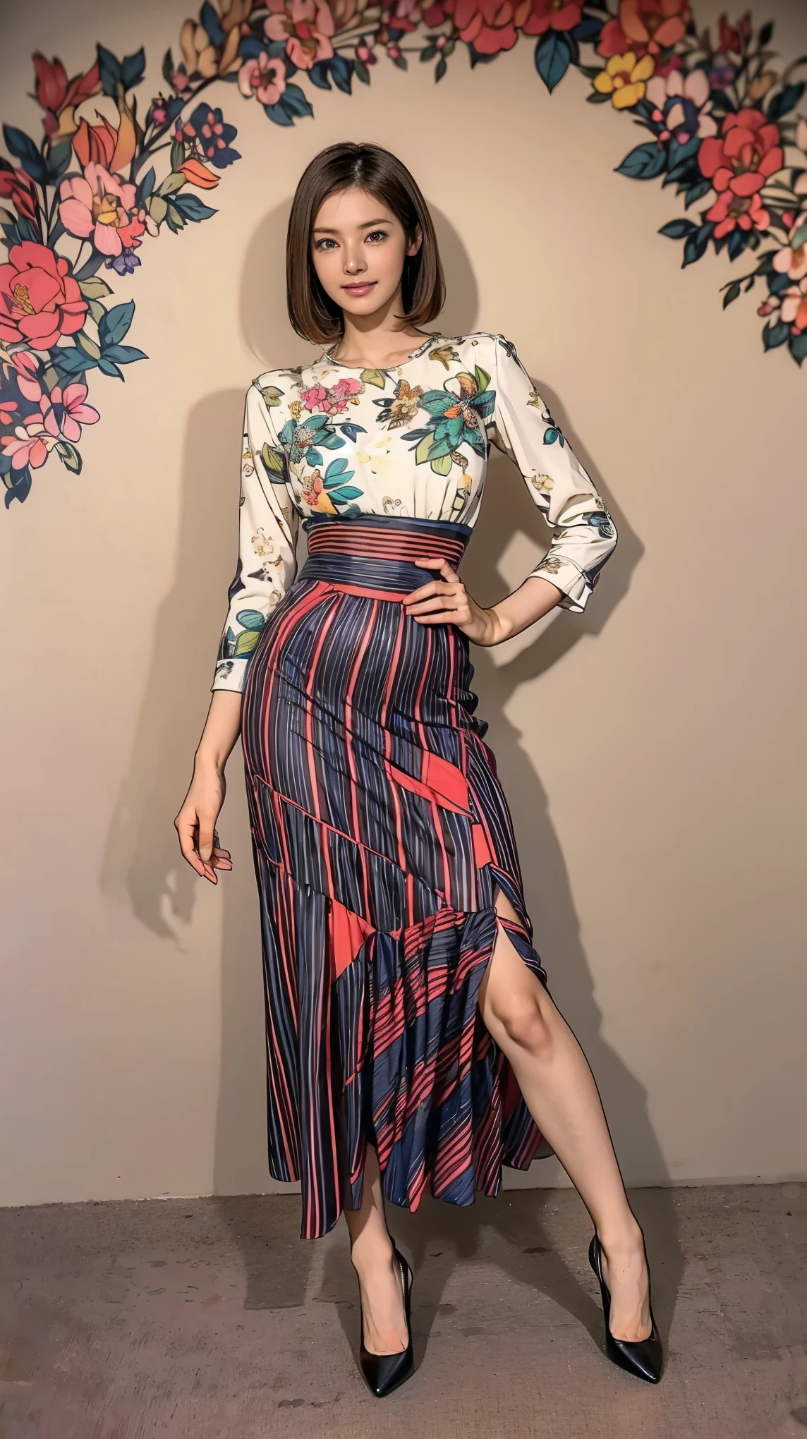 ((masterpiece)),(((Highest quality))),Thin thighs,Long legs,whole body:1.5，(One Girl:1.3),(Black high heels：1.3),(Wearing a floral striped mid-long flared skirt dress:1.2),Short blonde hair:1.2、Model pose with legs spread wide:1.5，Bright expression:1.5