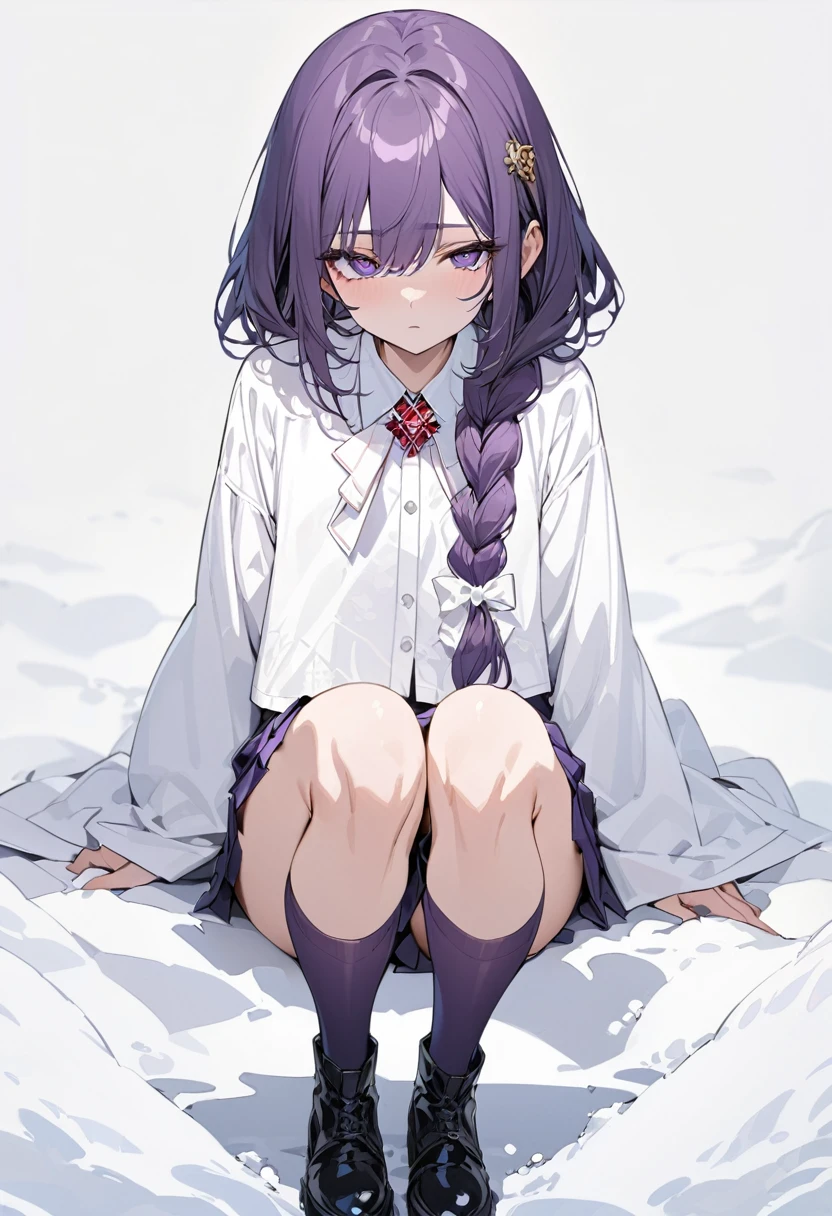 masterpiece, (bestquality), highlydetailed, cold, calm, gentle, expressionless, solo, (detailed eyes), (ung woman), dark purple hair, very long single braid, (no hair ties), bright purple eyes, (white collared shirt with white furisode sleeves), thin red bow tie under the collar, (diamond-shaped pin on the front of the bow), (black high-waisted pleated skirt), dark purple high socks, black ankle boots, (simple white background), (white empty background), full body,