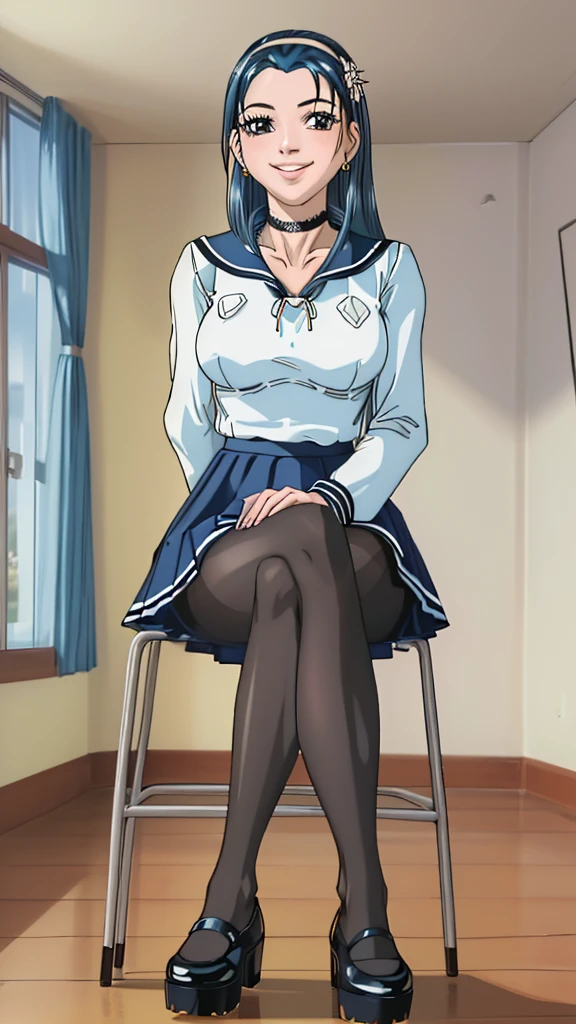 glamour photo of official art, a gorgeous girl, sitting on table, (view from below:1.2), school, classroom, (full body shot:1.2), (8k, RAW photo, best quality, depth of field, ultra high res:1.2), (absurdres, intricate, photorealistic, masterpiece, ultra-detailed:1.3, amazing scene lighting, Bright_Front_face_Lighting), shot at eye level, photography on a Fujifilm X-T4 with a 50mm lens, indoor, modelstyle photography setting, 
(pale skin, detailed skin:1.3, Glossy skin + Shiny skin:1.1), hair ornament, exquisite earrings, necklace, lace trim choker, gigantic breasts, skinny body, fit body, slim, narrow waist, slim legs, long legs, pantyhose, oxfords platform heels, 
Riko Amanai, blue hair, long straight hair, white hairband, , serafuku, blue pleaded skirt, (blush, evil smiling, perfect female anatomy, super beautiful, elegant, sexy, detailed beautiful face, nice figure, nice proportions, sexy stunning body),