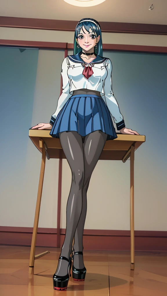 glamour photo of official art, a gorgeous girl, sitting on table, (view from below:1.2), school, classroom, (full body shot:1.2), (8k, RAW photo, best quality, depth of field, ultra high res:1.2), (absurdres, intricate, photorealistic, masterpiece, ultra-detailed:1.3, amazing scene lighting, Bright_Front_face_Lighting), shot at eye level, photography on a Fujifilm X-T4 with a 50mm lens, indoor, modelstyle photography setting, 
(pale skin, detailed skin:1.3, Glossy skin + Shiny skin:1.1), hair ornament, exquisite earrings, necklace, lace trim choker, gigantic breasts, skinny body, fit body, slim, narrow waist, slim legs, long legs, pantyhose, oxfords platform heels, 
Riko Amanai, blue hair, long straight hair, white hairband, , serafuku, blue pleaded skirt, (blush, evil smiling, perfect female anatomy, super beautiful, elegant, sexy, detailed beautiful face, nice figure, nice proportions, sexy stunning body),