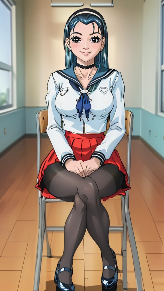 glamour photo of official art, a gorgeous girl, sitting on table, (view from below:1.2), school, classroom, (full body shot:1.2), (8k, RAW photo, best quality, depth of field, ultra high res:1.2), (absurdres, intricate, photorealistic, masterpiece, ultra-detailed:1.3, amazing scene lighting, Bright_Front_face_Lighting), shot at eye level, photography on a Fujifilm X-T4 with a 50mm lens, indoor, modelstyle photography setting, 
(pale skin, detailed skin:1.3, Glossy skin + Shiny skin:1.1), hair ornament, exquisite earrings, necklace, lace trim choker, gigantic breasts, skinny body, fit body, slim, narrow waist, slim legs, long legs, pantyhose, oxfords platform heels, 
Riko Amanai, blue hair, long straight hair, white hairband, , serafuku, blue pleaded skirt, (blush, evil smiling, perfect female anatomy, super beautiful, elegant, sexy, detailed beautiful face, nice figure, nice proportions, sexy stunning body),