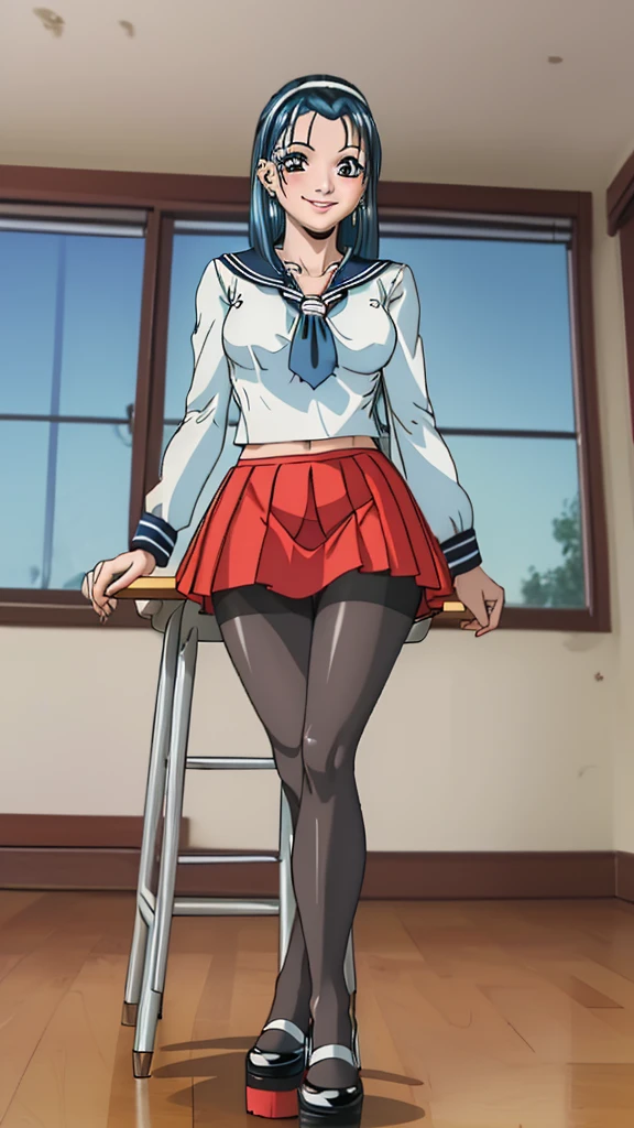 glamour photo of official art, a gorgeous girl, sitting on table, (view from below:1.2), school, classroom, (full body shot:1.2), (8k, RAW photo, best quality, depth of field, ultra high res:1.2), (absurdres, intricate, photorealistic, masterpiece, ultra-detailed:1.3, amazing scene lighting, Bright_Front_face_Lighting), shot at eye level, photography on a Fujifilm X-T4 with a 50mm lens, indoor, modelstyle photography setting, 
(pale skin, detailed skin:1.3, Glossy skin + Shiny skin:1.1), hair ornament, exquisite earrings, necklace, lace trim choker, gigantic breasts, skinny body, fit body, slim, narrow waist, slim legs, long legs, pantyhose, oxfords platform heels, 
Riko Amanai, blue hair, long straight hair, white hairband, , serafuku, blue pleaded skirt, (blush, evil smiling, perfect female anatomy, super beautiful, elegant, sexy, detailed beautiful face, nice figure, nice proportions, sexy stunning body),