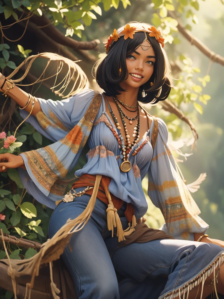 Foto hiperrealista en primer plano de Adriana Lima, dressed in blue peasant blouse paired with bell-bottom jeans and fringe accessories. She wears a headband or flower crown in her long, flowing hair. The setting is a bohemian-inspired outdoor music festival or a peaceful nature backdrop, capturing the free-spirited and laid-back vibe of the era 60Retro69Punch75, beautiful woman, skinny, medium breasts, black short hair (bob short hair:1.2), detailed face, smile, facing the camera, photo taken from a distance, age of 16 years old