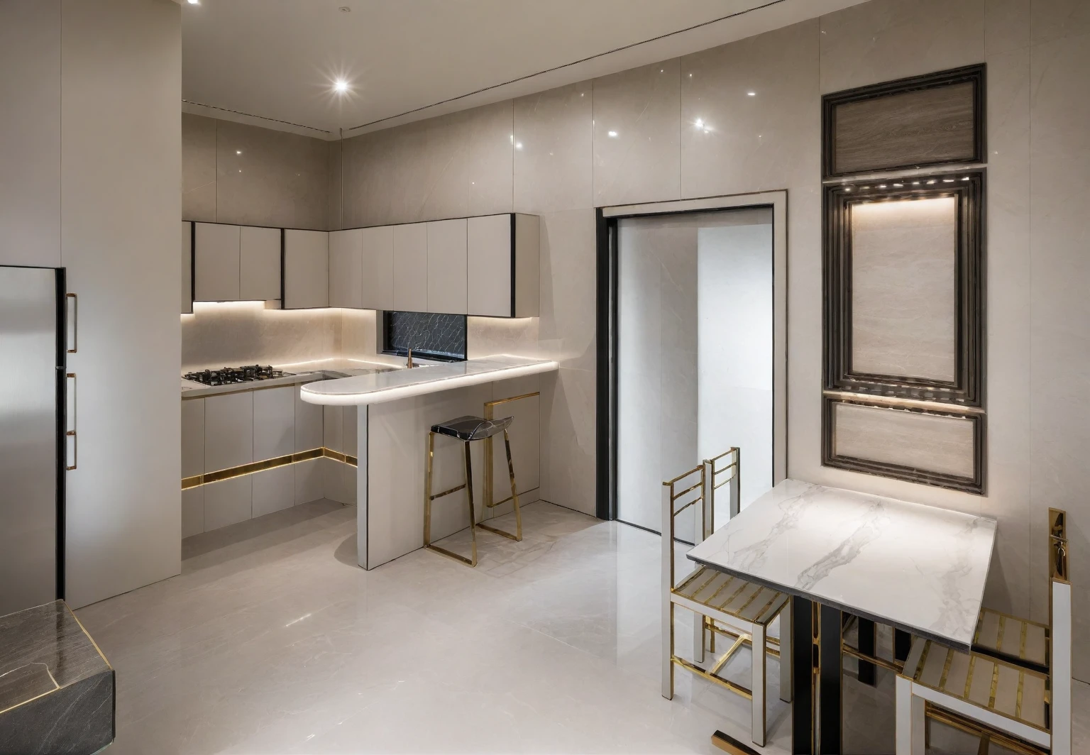 Raw photo,Masterpiece, high quality, best quality, authentic, super detail,
indoors, interior , (( KITCHEN AND DINING ROOM :1.3)), modern style, daylight, (WHITE WALL),luxury, marble tile floor,
