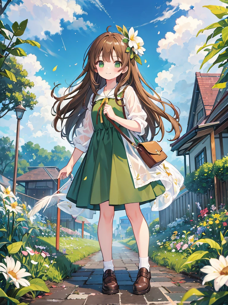 kawaii, anime, Cute, hyper quality, highly detailed, 16k, Front facing, Clarity, smile, full body, one girl, brown long hair, green eyes, It's going to rain, walk in town, blue sky, bright sunlight, brown dress, look up at the sky, wet road, early afternoon, turn one's body around, brown bird keychain, Pouch, hold one hand up to the sky, smiling, , brick road, angel feather hair ornament, wet flowers, small white flowers bloom, color effect, prism effect, white kiwi flowers bloom, petals dance, pale rainbow, rainbow effect, light effects, highlight on eyes, green ribbon,