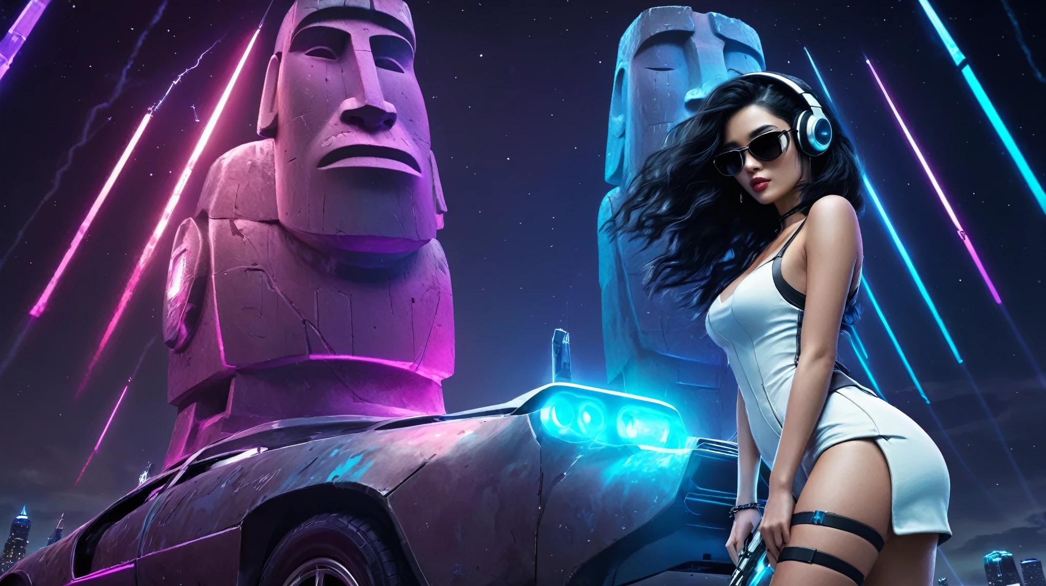 At night, dark sky, distant shot aerial view of fantasy cyberpunk style ice ((Moai-statue)) city, ((flying car)). ((1girl, solo, alone)), medium-breast:1.1 slim body, cleavage, sexy clothes, (headphone, black sunglasses, long black realistic hair), (((hip-up standing and holding pistol))), half-body thigh level medium shot, cinematic lighting.