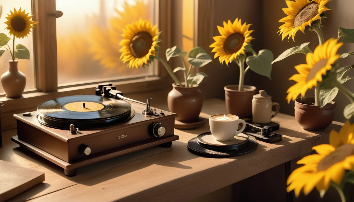 Create an image that features a cozy fall-themed atmosphere with a focus angle shoot on a steaming cup of coffee with latte art on its surface. The cup is placed on a wooden table and beside coffee cup is a sunflower in a pot. And there is an antique record player with a spinning record, The warm lighting and rich colors suggest a peaceful and inviting atmosphere.