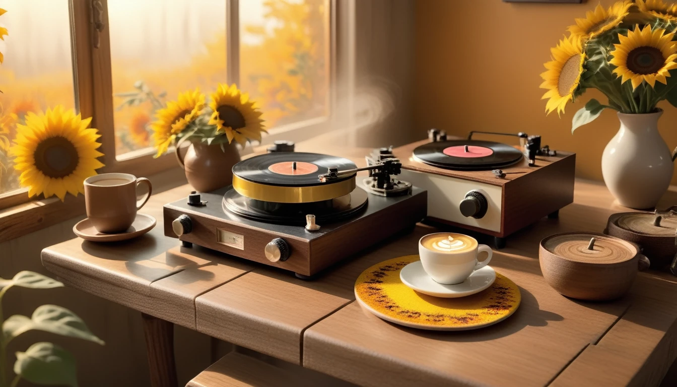 Create an image that features a cozy fall-themed atmosphere with a focus angle shoot on a steaming cup of coffee with latte art on its surface. The cup is placed on a wooden table and beside coffee cup is a sunflower in a pot. And there is an antique record player with a spinning record, The warm lighting and rich colors suggest a peaceful and inviting atmosphere.