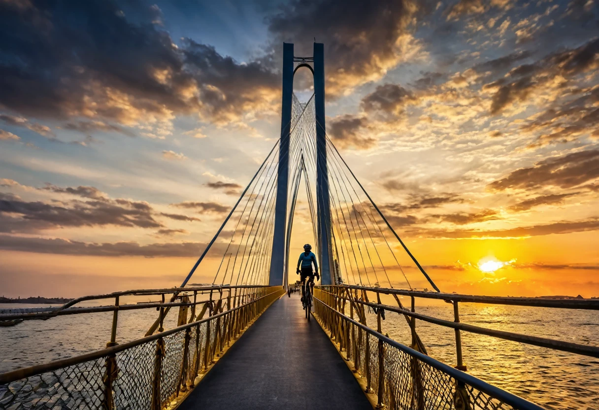 Sea surface,Cable-stayed bridge,Vision,Sunset,cloudy,Water surface gold,one person,Cycling on the bridge,Silhouette,RAW,uhd,8K,Detailed Details,Best quality,Perfect color matching,Sense of atmosphere,Masterpieces shot by international photography masters,National Geographic Photography Award Winners