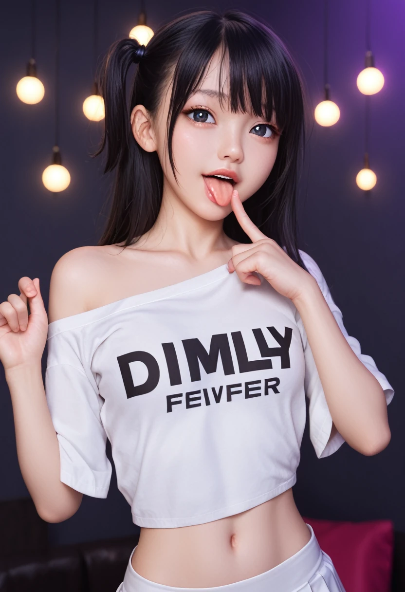 pastel colors colors t-shirt,off-shoulder look,bare shoulder,ollarbone,midriff peek,White tight mini skirt,(open mouth:1.5),(tongue out:2),standing,finger to chin,One hand between your legs,front view,upper body,(1girl,Beautiful 14 year old girl),((Slender,Small breasts,Small face,)),(looking at viewer),Black Hair,bangs,one side up,Beautiful and detailed,(Dimly lit room:1.5),pillow,Mischievous smile,Black simple background,Low lighting