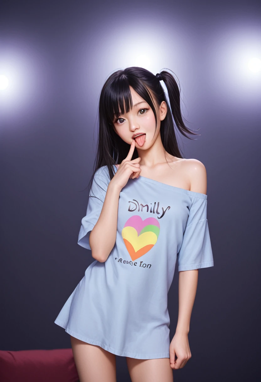 ollarbone,pastel colors t-shirt,off-shoulder look,bare shoulder,midriff peek,micro shorts,open mouth,tongue out,cum on tongue,stand,eye level shot,,flont view,upper body,(1girl,Beautiful  girl),((Slender,Small breasts,Small face,)),looking at viewer,Black Hair,bangs,one side up,Beautiful and detailed,Mischievous smile,Dimly lit room,Simple Background,Black background,Low lighting
