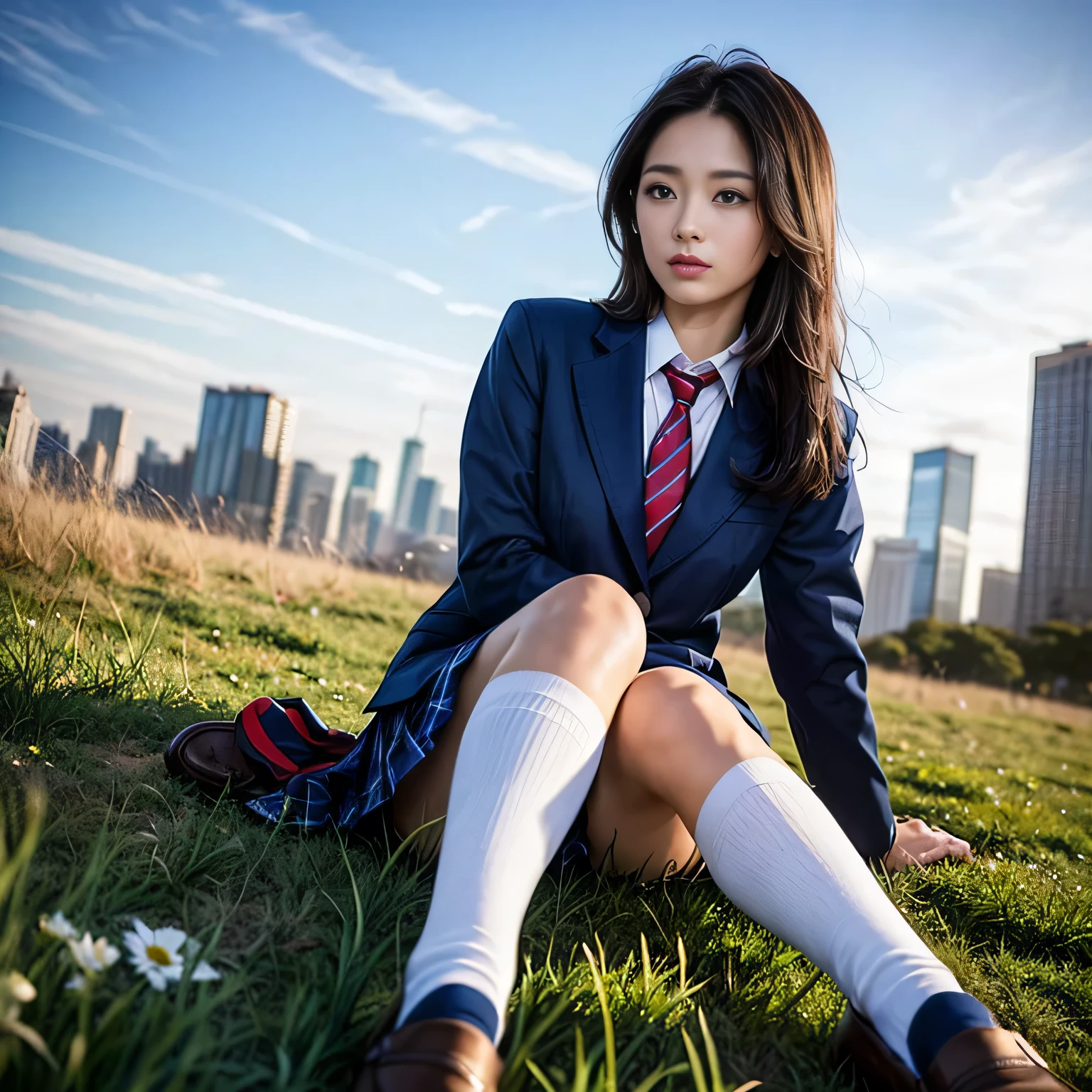 (1. woman:1.37), (Highest quality, 4K, 8K, High resolution, masterpiece:1.2), Super detailed, (Realistic, photoRealistic, photo超Realistic:1.4), Professional Photography：David Dubnitsky, Natural light, Portraiture, Beautiful young Japan girl, ************, wear ((Navy Blue Blazer, Red tie, White button-up shirt, White socks, loafers, High School Uniform: 1.4)), Very low neckline, (Exposing her breasts), Captivating look, Soft glow, Elegant beauty, Perfect detailed facial features, fine blue-gray eyes, Sexy pose, Delicate skin texture, Flowing, messy hair, (Long Straight Hair:1.21), Amorous expression, Sexy posture, clavicle, Naturally sagging breasts, Raise your knees, lying back with Sexy pose, With legs apart, (Grassland with skyline:1.4), Subtle Shadows, Sunlight and clouds background, Shallow depth of field, Skyscrapers in the distance, Foggy and green atmosphere, Artistic photography, (close:1.2), (View from below:1.4), Photon Mapping, Zoom in