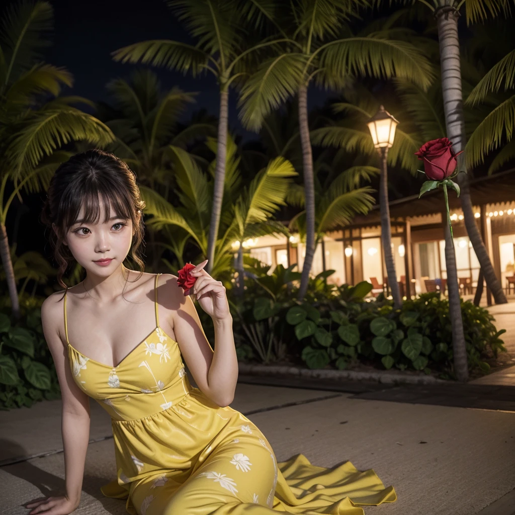Wearing a yellow dress、A woman enjoying vacation at a tropical resort at night。With a red rose in my hand。