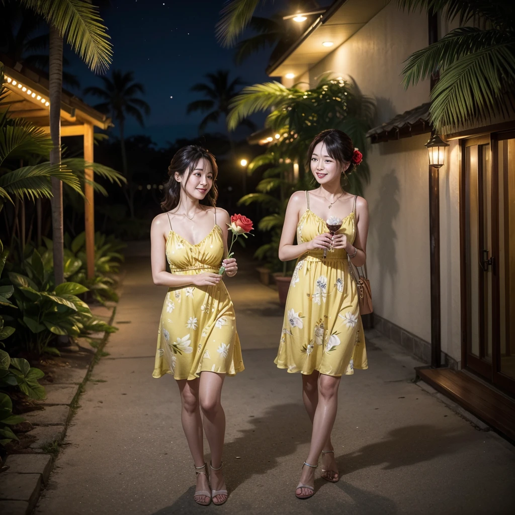 Wearing a yellow dress、A woman enjoying vacation at a tropical resort at night。With a red rose in my hand。