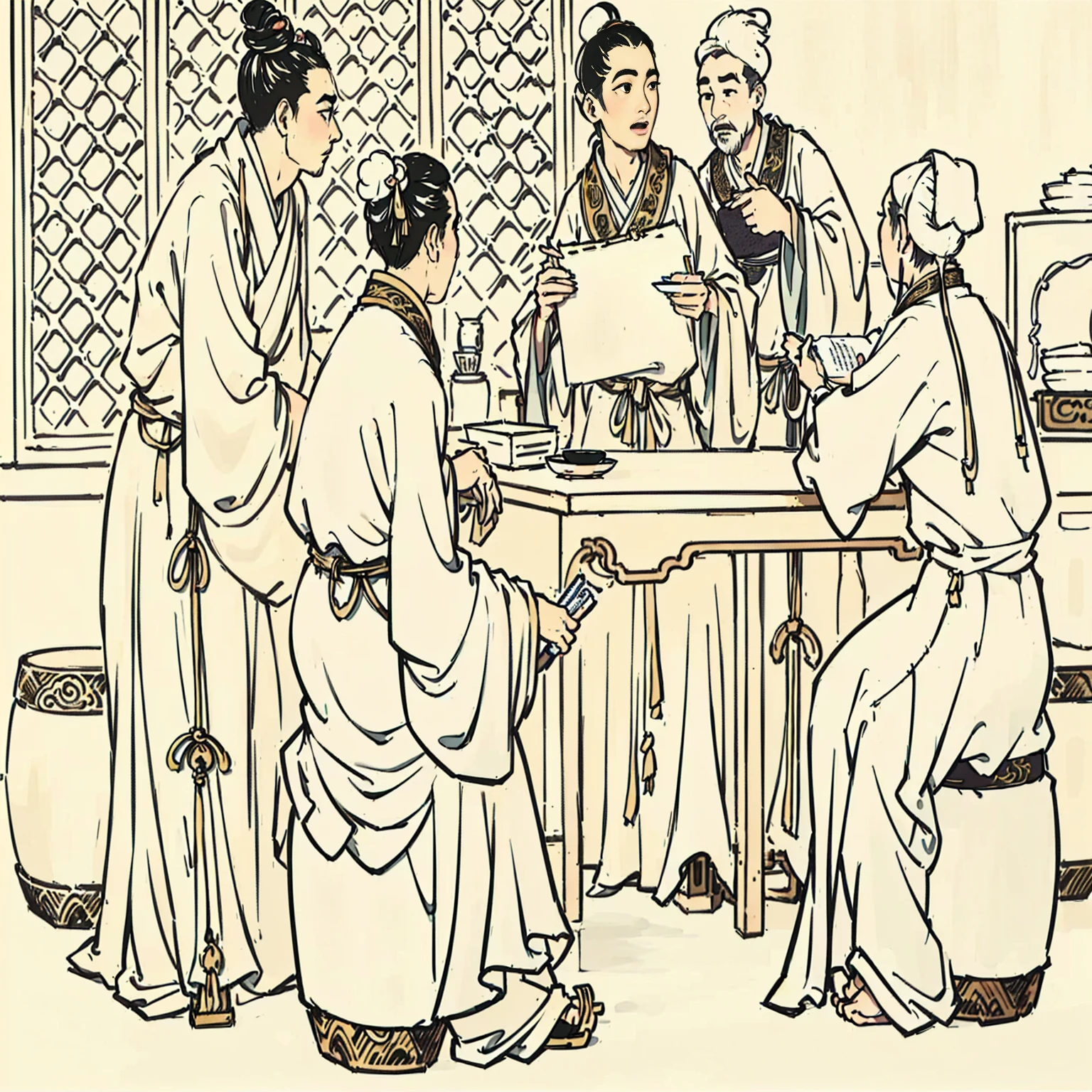arafed painting of a group of people sitting around a table, People in robes sitting around a table, Confucius and Trial by Jury, Wearing ancient Chinese clothes, Chinese writing brush pen illustration, Song, A group of people sat at the table, Tea ceremony scene, Traditional Chinese ink painting, Chinese Art Style, Pen drawing illustration, Pen drawing illustration