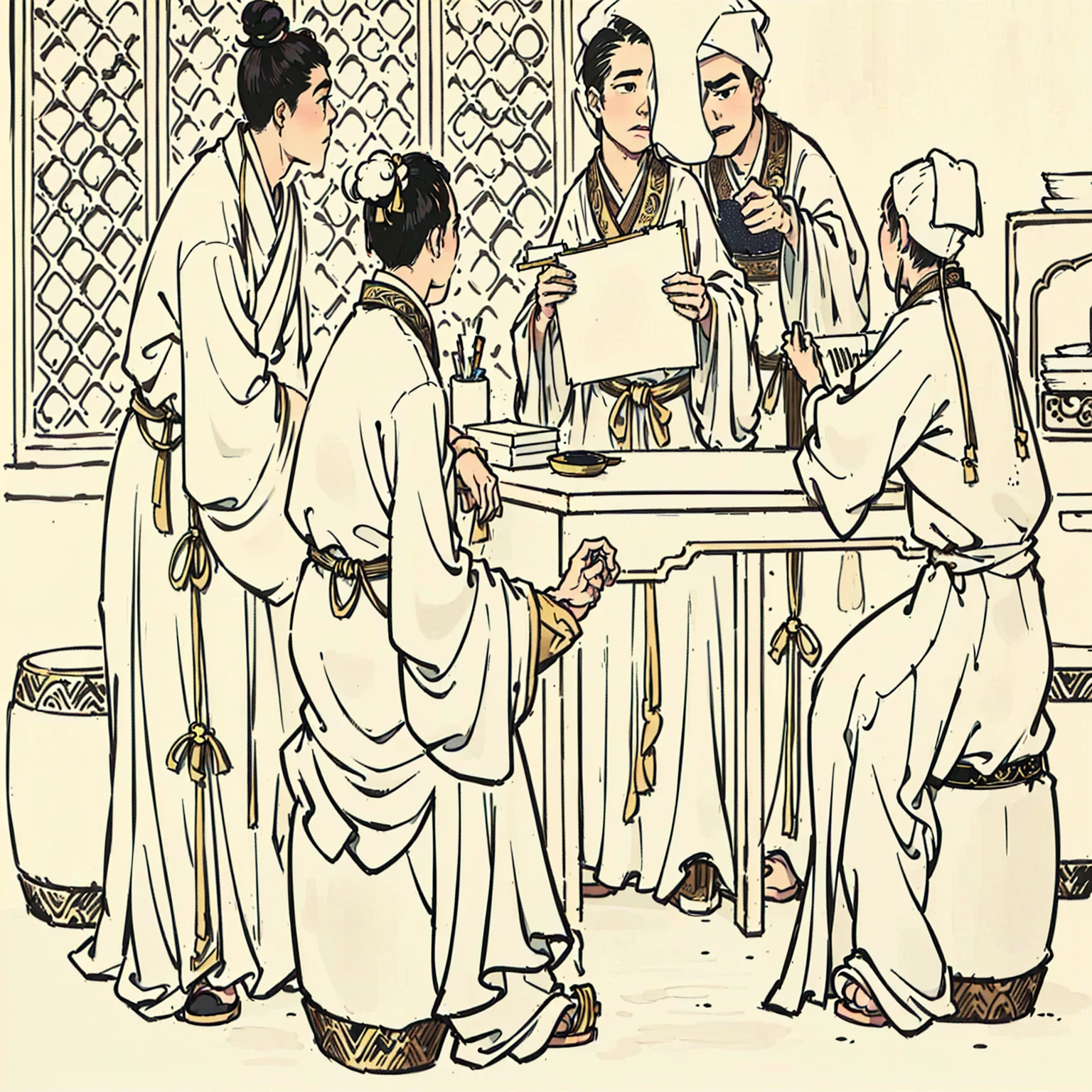 arafed painting of a group of people sitting around a table, People in robes sitting around a table, Confucius and Trial by Jury, Wearing ancient Chinese clothes, Chinese writing brush pen illustration, Song, A group of people sat at the table, Tea ceremony scene, Traditional Chinese ink painting, Chinese Art Style, Pen drawing illustration, Pen drawing illustration