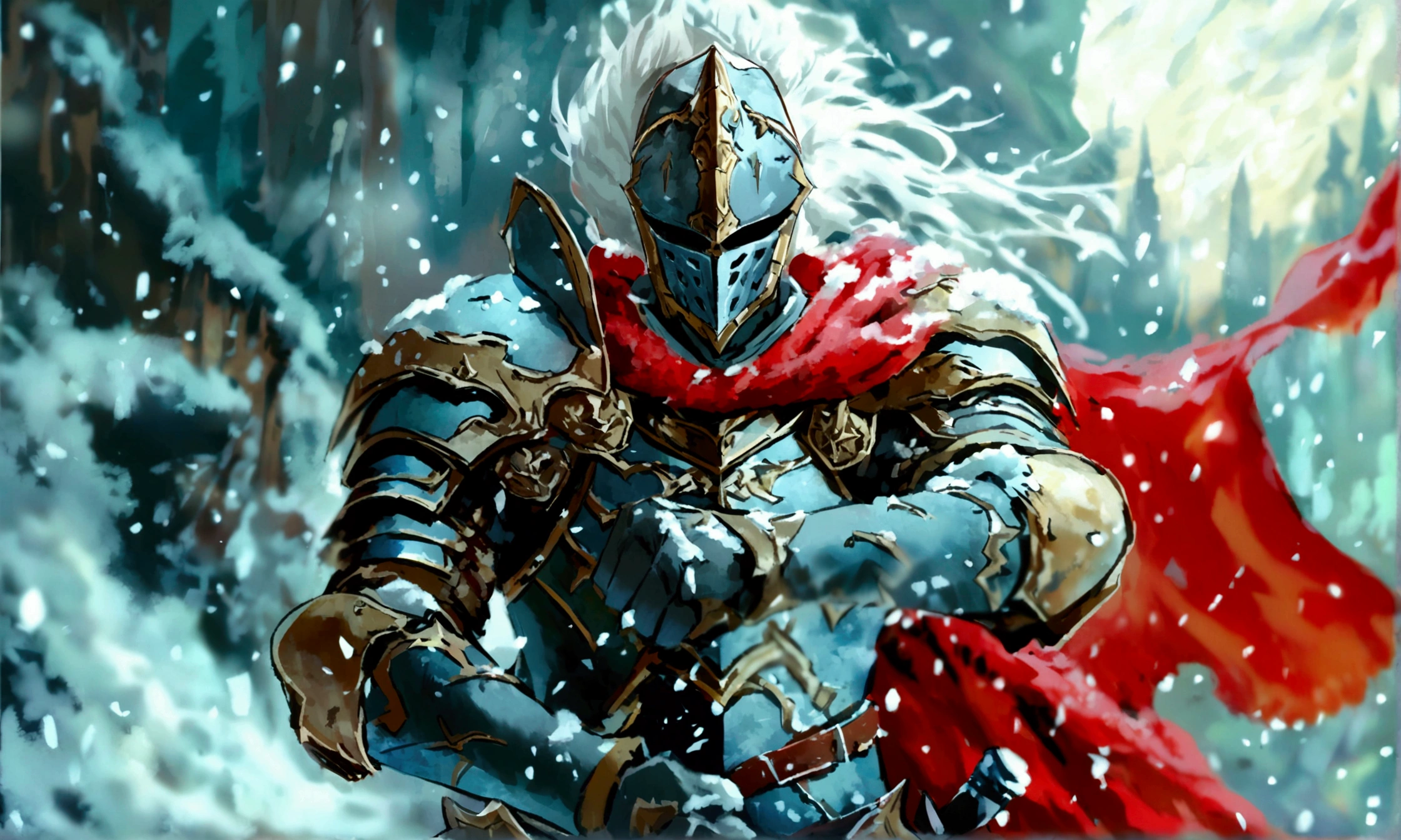 Create an impressionist painting of a spooky warrior knight, snow, Space Ash, Artistic, complicated,fog