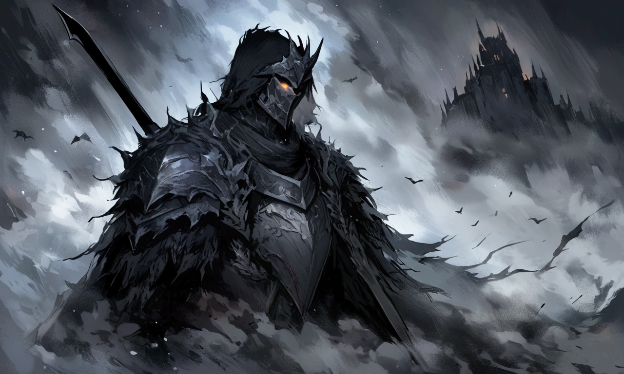 Create an impressionist painting of a spooky warrior knight, snow, Space Ash, Artistic, complicated,fog