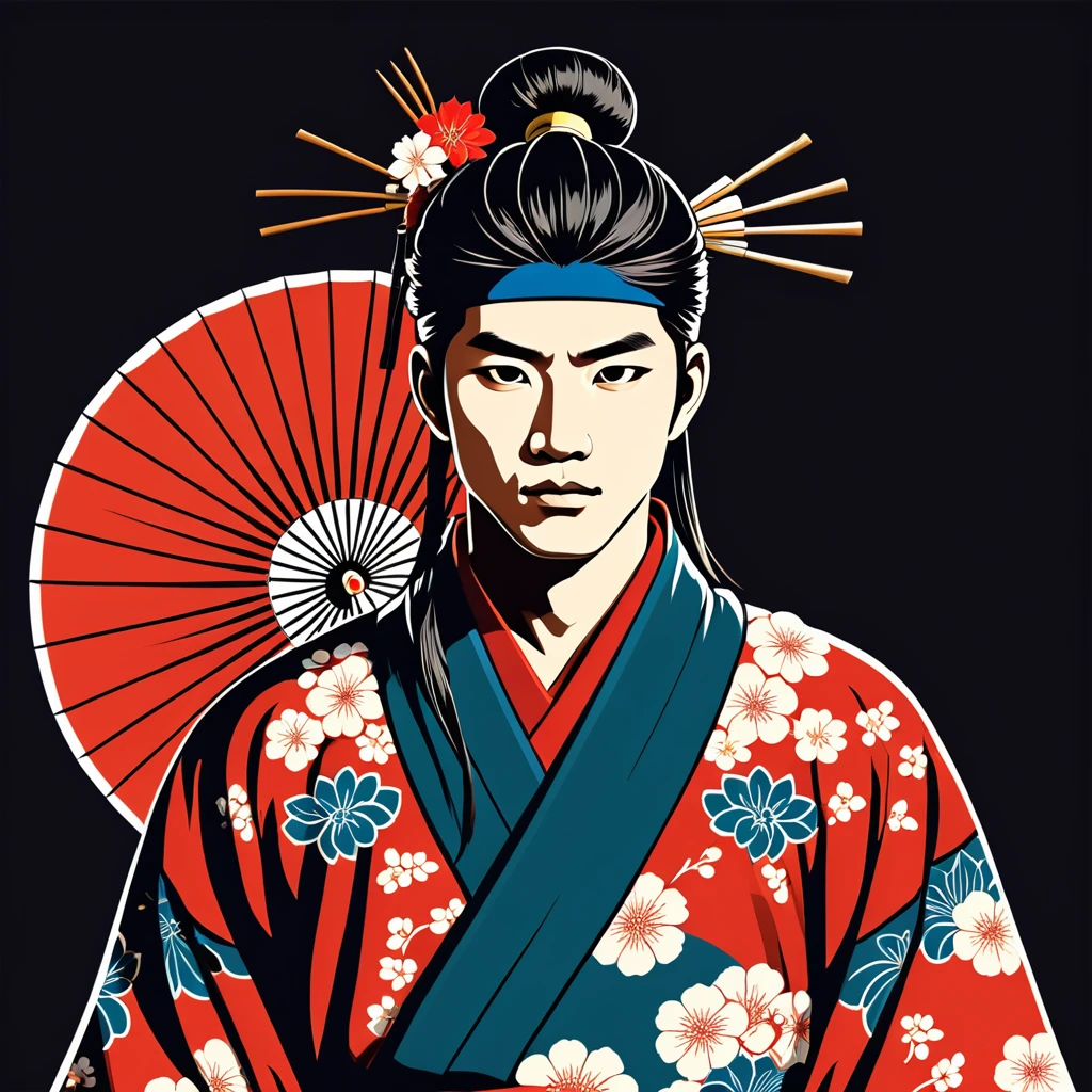 man in native japanese folk outfit, vector graphics, strong contours