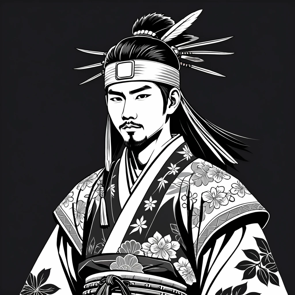 man in native japanese folk outfit, vector graphics, strong contours
