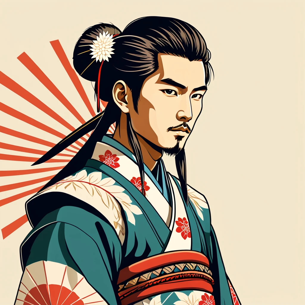 man in native japanese folk outfit, vector graphics, strong contours
