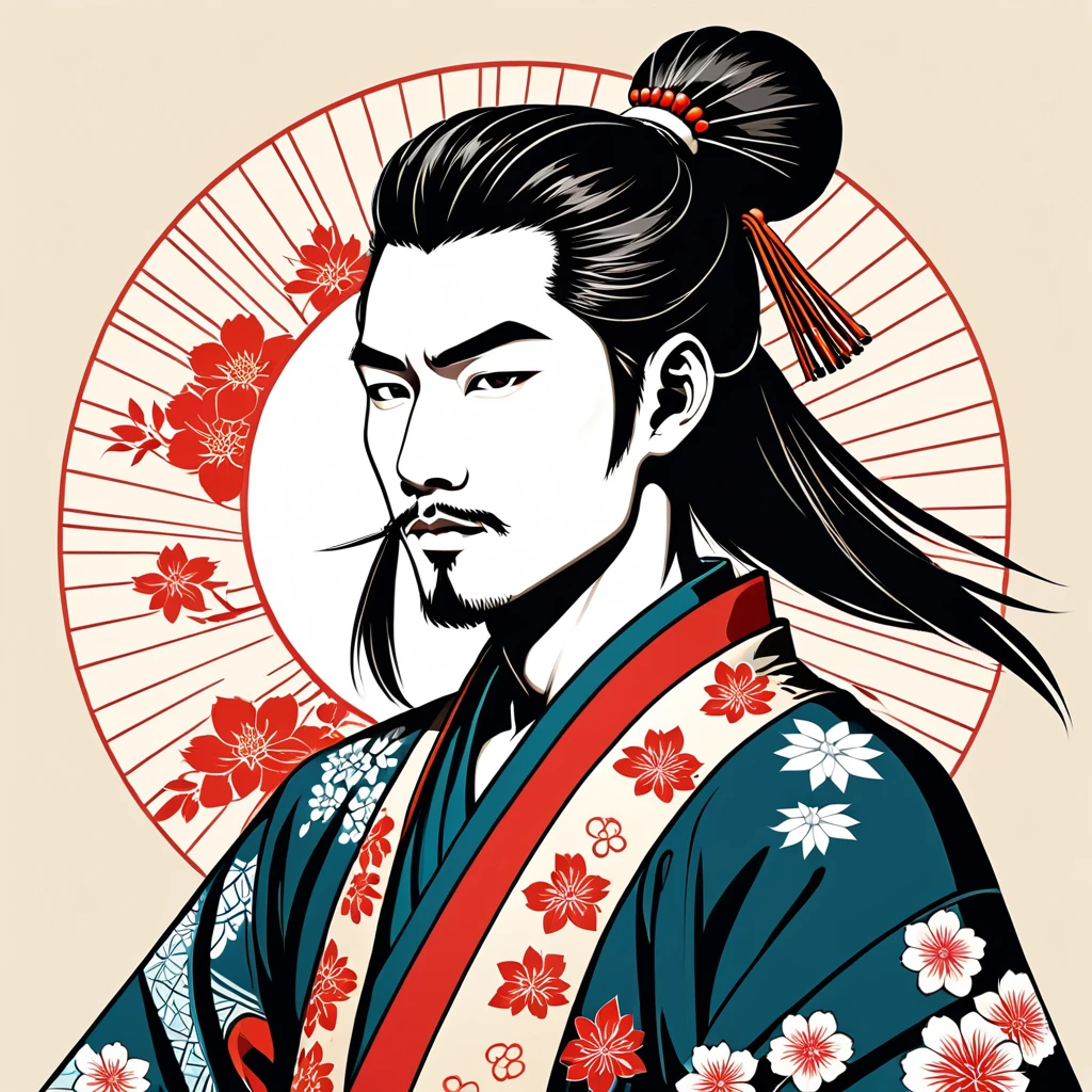 man in native japanese folk outfit, vector graphics, strong contours