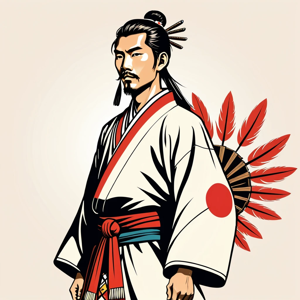 man in native japanese folk outfit, vector graphics, strong contours