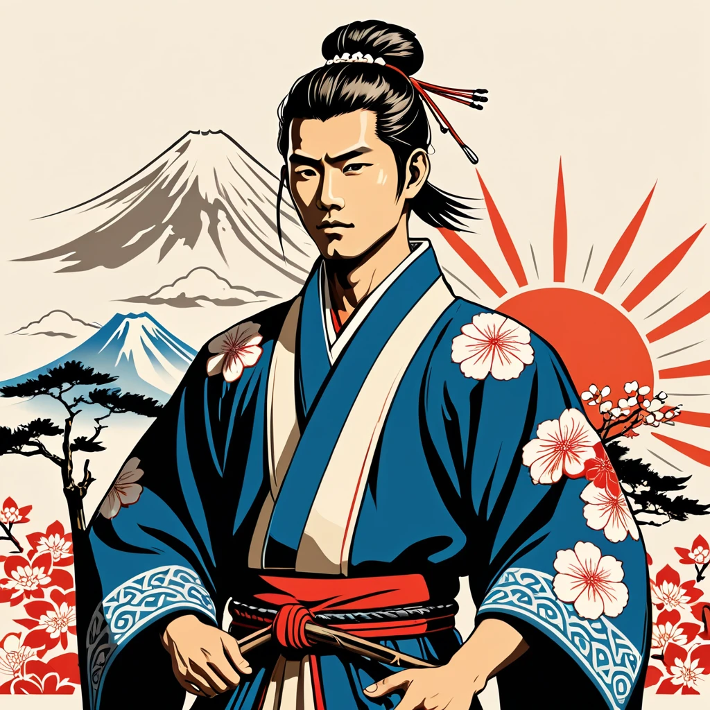 man in native japanese folk outfit, vector graphics, strong contours