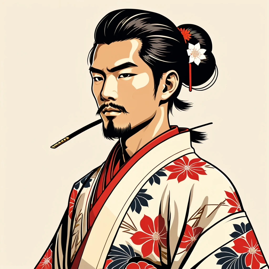 man in native japanese folk outfit, vector graphics, strong contours