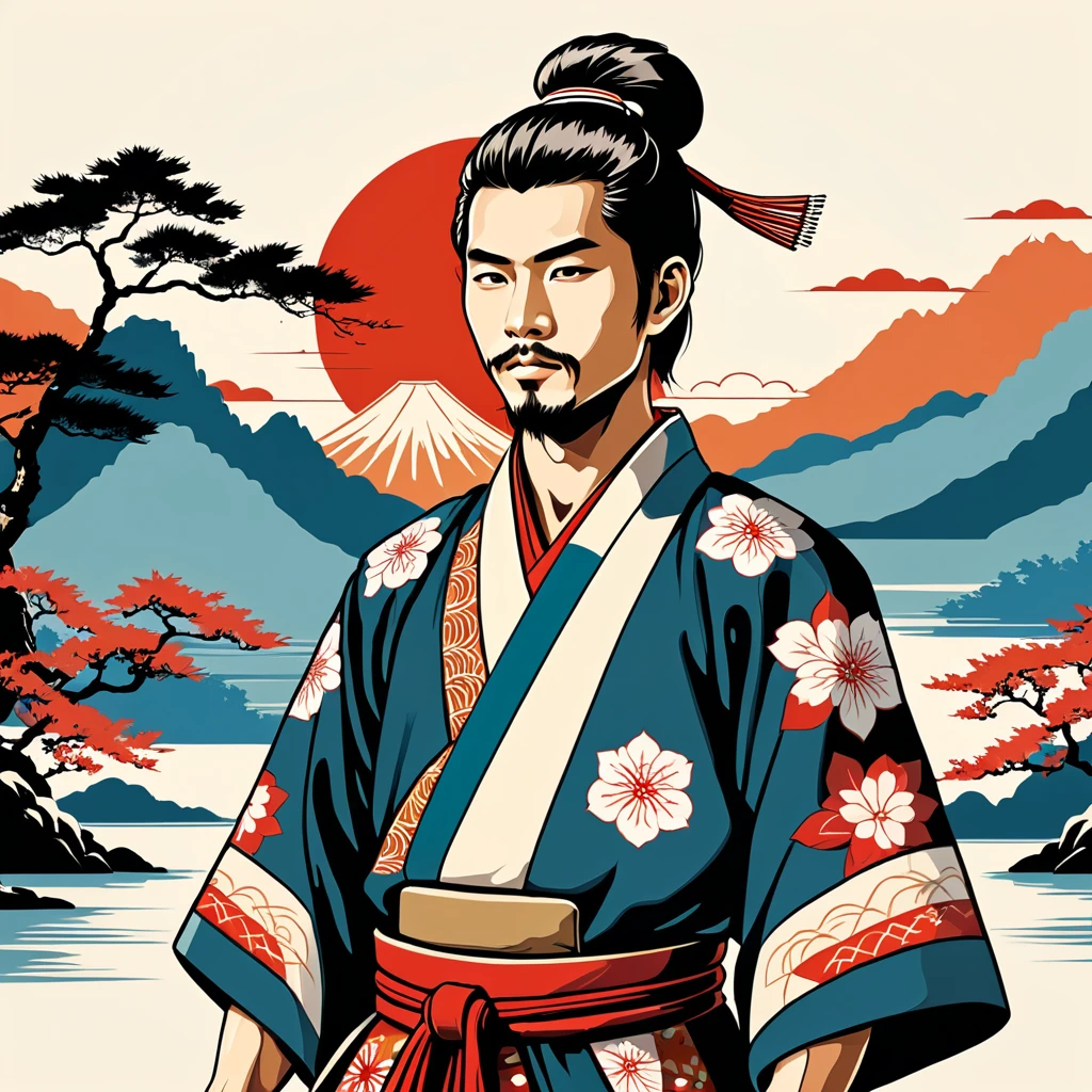 man in native japanese folk outfit, vector graphics, strong contours