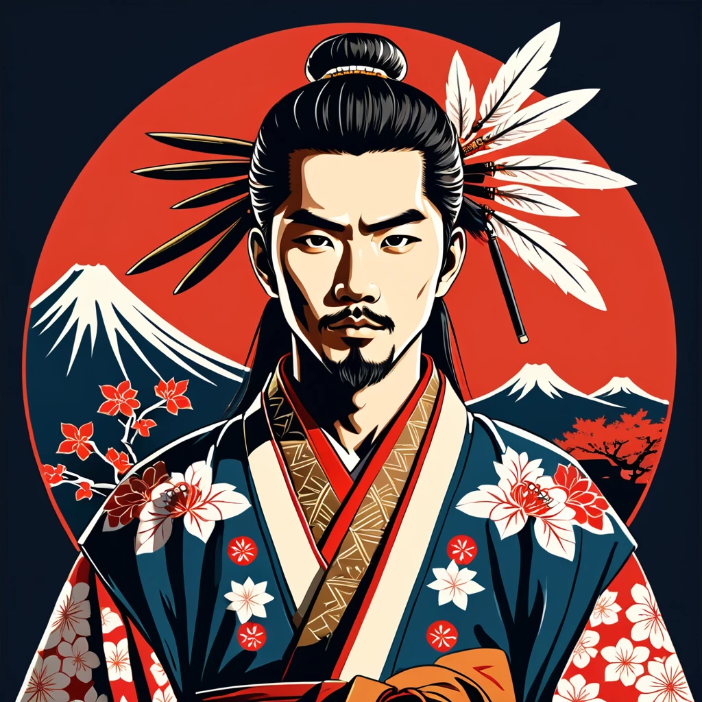 man in native japanese folk outfit, vector graphics, strong contours