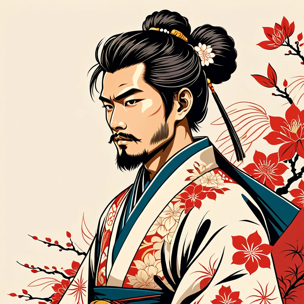 man in native japanese folk outfit, vector graphics, strong contours
