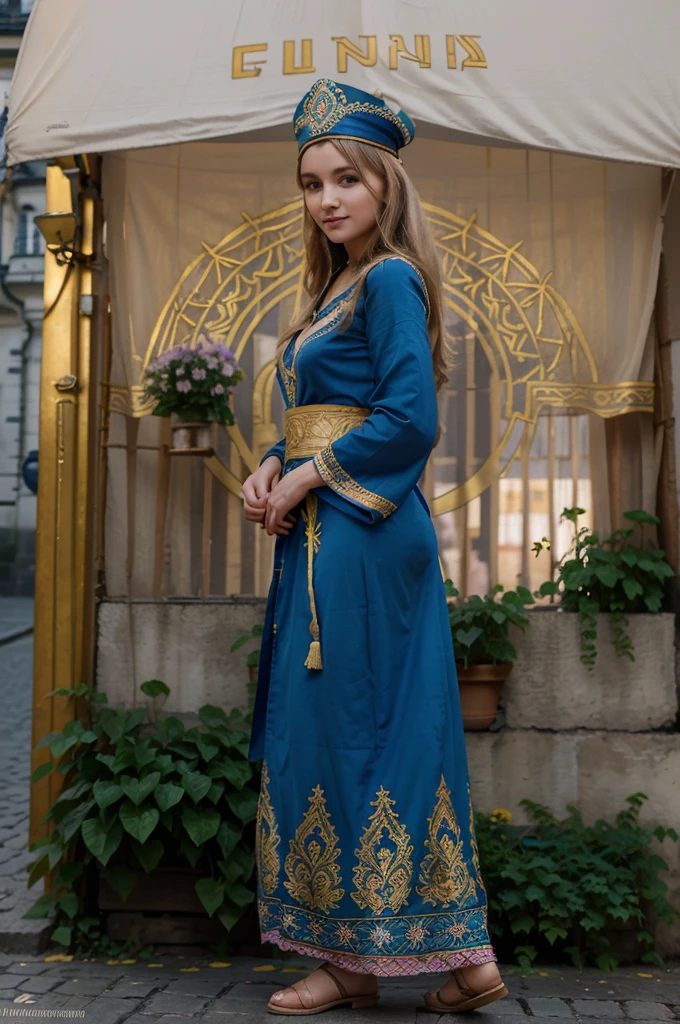 femme ukrainienne, corps entier, beau visage, jolie corps, (robe traditionel), smirk, (drapeau Ukrainien en fond), ((dans la ville de Lviv)),grande place de l'opéra