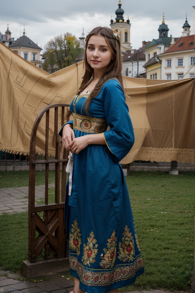 femme ukrainienne, corps entier, beau visage, jolie corps, (robe traditionel), smirk, (drapeau Ukrainien en fond), ((dans la ville de Lviv)),grande place de l'opéra