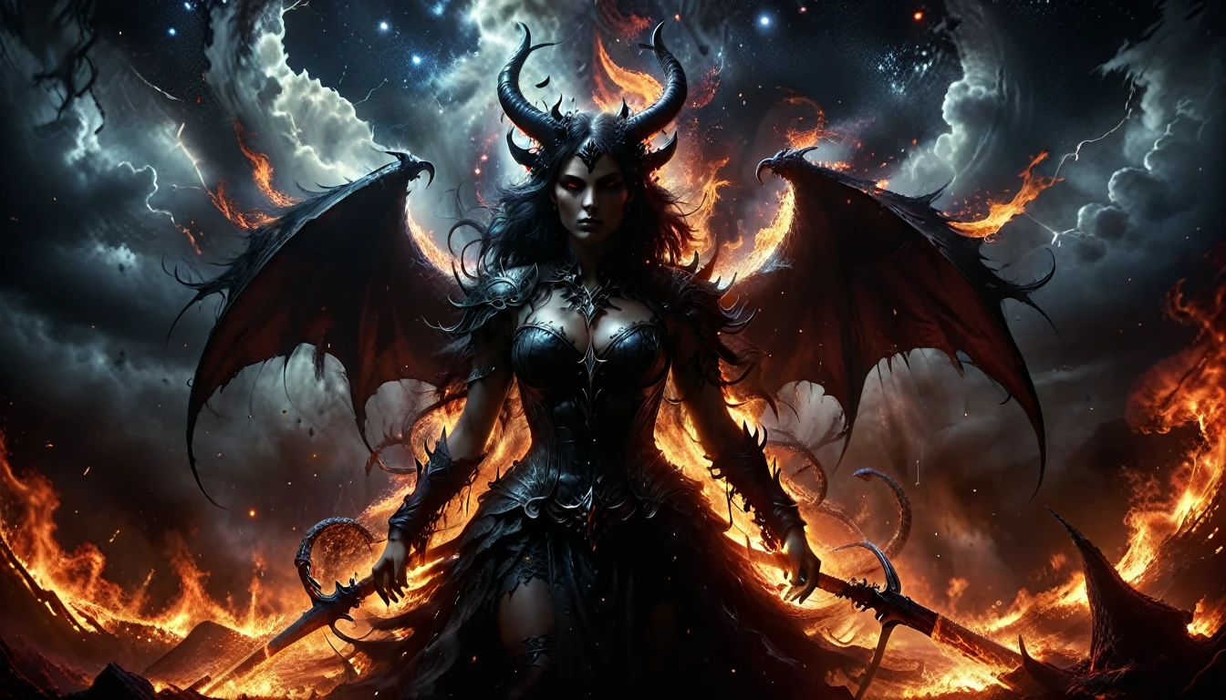 (dark skin), (demon horns), (well-defined eyes, high resolution, ultra detailed large breasts, Immortal temptation takes over my mind Condemned Fallen weak on my knees, summon the strength Of mayhem I am the storm that is approaching Provoking black clouds in isolation I am reclaimer of my name Born in flames, I have been blessed My family crest is a demon of death Forsakened, I am awakened A phoenix's ash in dark divine Descending misery Destiny chasing time Inherit the nightmare, surrounded by fate Can't run away Keep walking the line between the light Led astray Through vacant halls I won't surrend 5r The truth rev 5aled in eyes of ember We fight through fire and ice forever Two souls once lost, and now they remember I am the storm that is approaching Provoking black clouds and isolation I am reclaimer of my name Born in flames, I have been blessed My family crest is a demon of death Forsakened, I am awakened A phoenix's ash in dark divine Descending misery Destiny chasing time Disappear into the night Lost shadows left behind Obsession's pulling me Fading, I've come to take what's mine Lurking in the shadows under veil of night Constellations of blood pirouette Dancing through the graves of those who stand at my feet Dreams of the black throne I keep on repeat A derelict of darkness, summoned from the ashes The puppetmaster congregates all the masses Pulling strings, twisting minds as blades hit You want this power? Then come try and take it Beyond the tree Fire burns Secret love Bloodline yearns Dark minds embrace Crimson joy Does your dim heart Heal or destroy? Bury the light deep within Cast aside, there's no coming home We're burning chaos in the wind Drifting in the ocean all alone