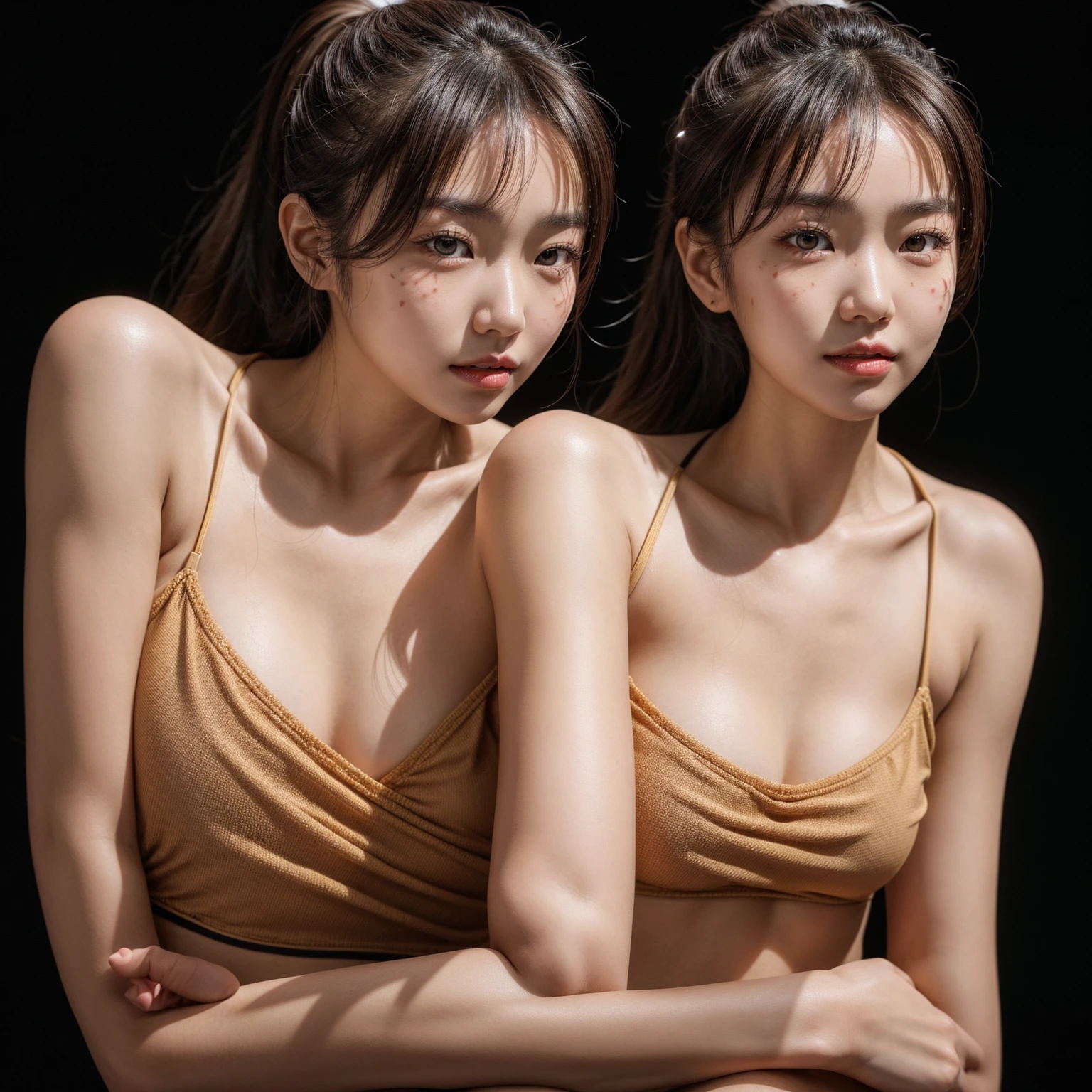 
Photography, close up shot of a 25yo happy korean woman with a light brown ponytail wearing bikini in front of a black background, afraid, studio light, beautiful, pretty, detailed skin, skin pores, high contrast, photorealistic, best quality, high res, high contrast, very detailed, skin blemish, upper body 