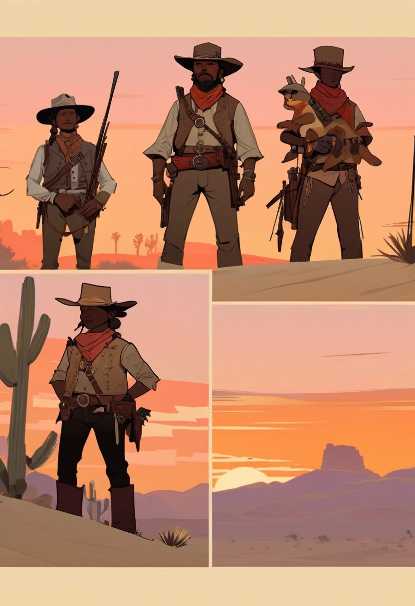 score_9, score_8_up, score_7_up, score_6_up, score_5_up, score_4_up, 1man, Western, Desert, red sun, scorching sun, arid, Horizon, far away, Wild West, red dead Redemption, cartoon art style, Light brown skin, Mexican, poncho, pistol 38, massive mustache, Sombrero, horse, Smoking Cigarette