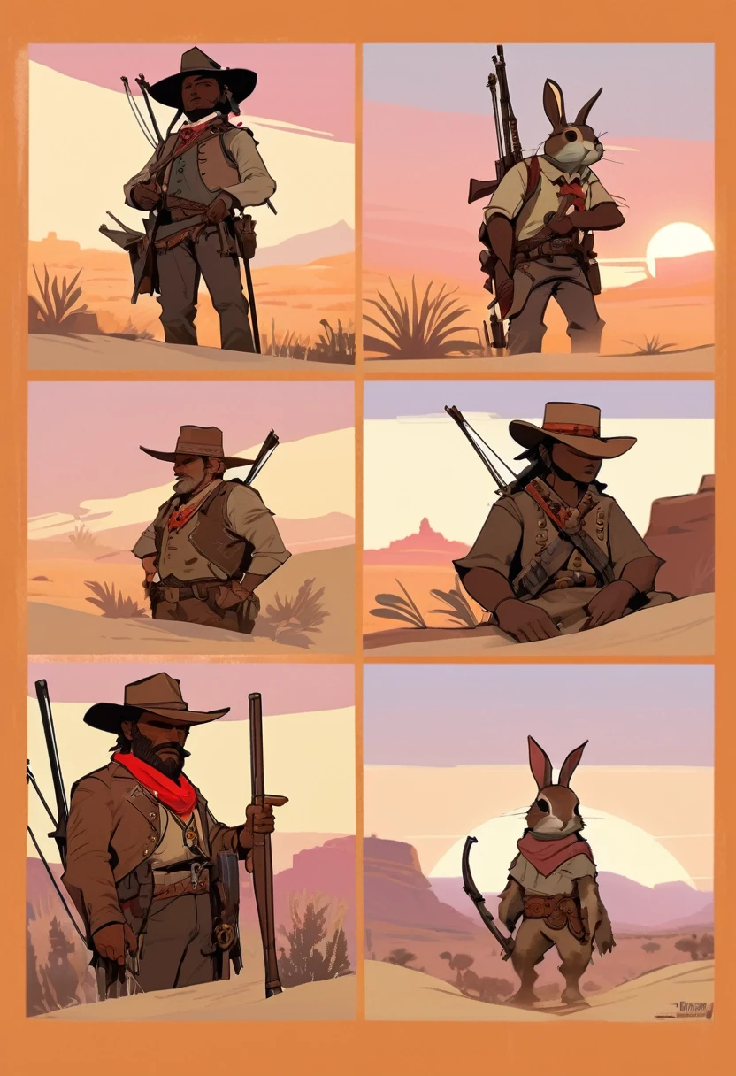 score_9, score_8_up, score_7_up, score_6_up, score_5_up, score_4_up, 1man, Western, far away, Wild West, red dead Redemption, cartoon art style, Light brown skin, wooden archery, Hunting, desert, sunset, orange and red sun, little bunny, indium, Indigenous, Tribal, Solo
