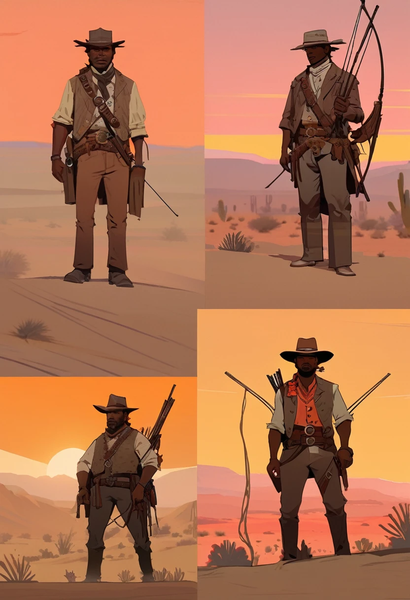 score_9, score_8_up, score_7_up, score_6_up, score_5_up, score_4_up, 1man, Western, far away, Wild West, red dead Redemption, cartoon art style, Light brown skin, wooden archery, Hunting, desert, sunset, orange and red sun, little bunny, indium, Indigenous, Tribal, Solo