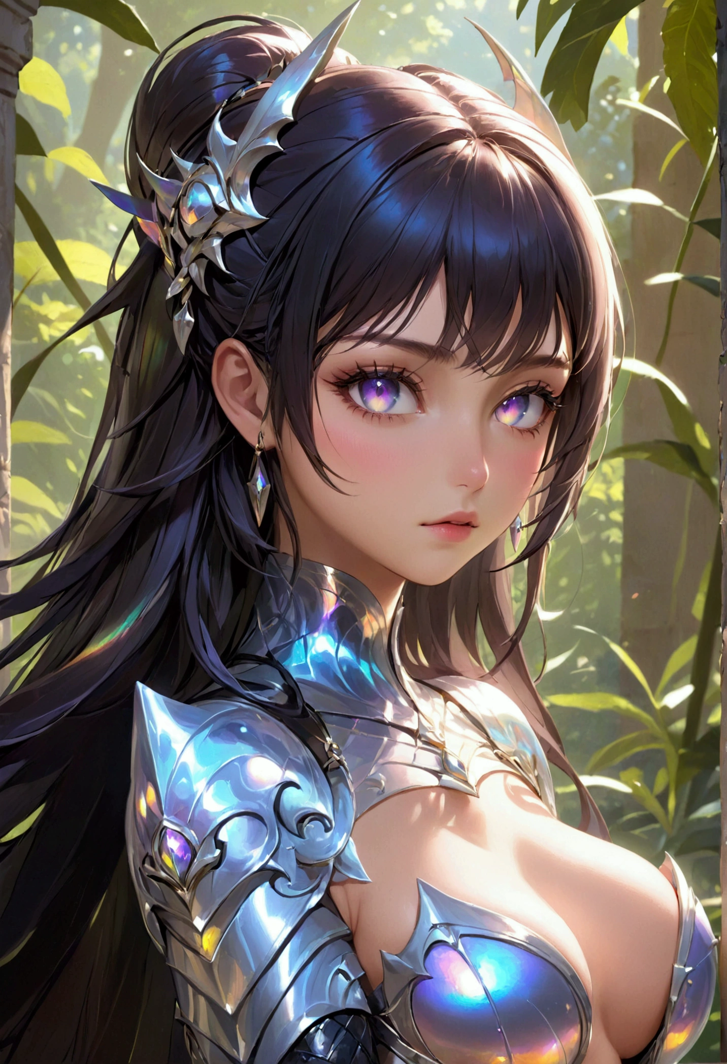 (masterpiece), best quality, expressive eyes, perfect face, Girl,long dark iridescent hair, iridescent eyes, small waist, small breast , large thighs,large ass, fantasy warrior outfit