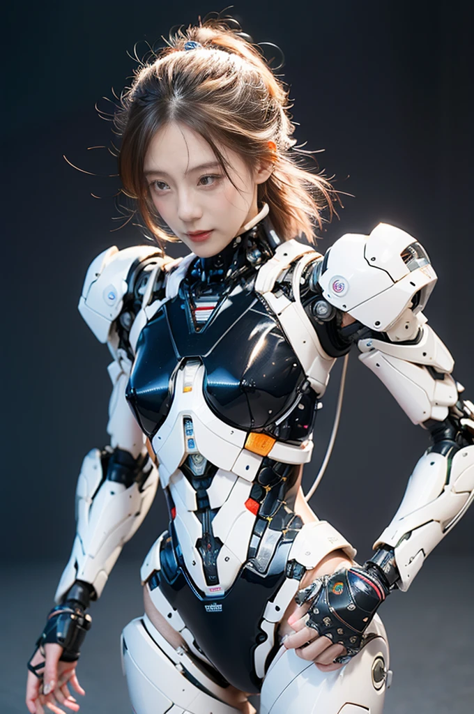 {{best quality, 1080P, Masterpiece, Ultra high resolution, photorealistic, ultra realism, Realistic skin texture, Extreme skin detail, dslr, Detailed eyes, Facing the camera, very beautiful face, Concise facial structure, Pale skin, Realistic skin texture, Extreme skin detail, oc render reflection textures, Realistic light and shadow, Single picture, alone, The body is slim and balanced., Age 20, Height 170, naked girl, Nude, no underwear, A girl with the body of a mechanical robot., Transparent futuristic black glass mech armor suit, The mechanical cervix is attached to the neck., The robot circuit is stuck in the middle of the back., flat stomach, Woman with perfect robot arms and legs, You can see from the head down to the feet., full body view, Whole body photo.}}