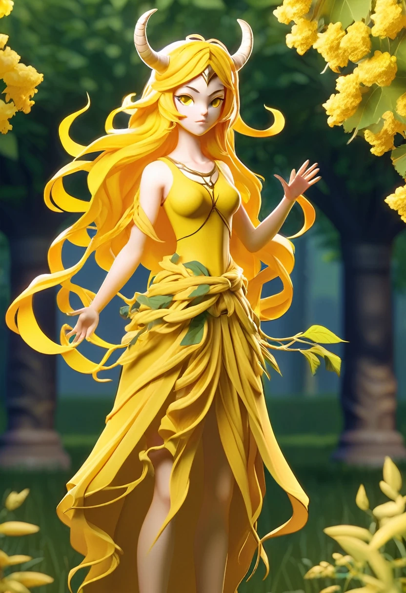 simple style, valorant style,(character concept art),  yellow medieval summer girl, concept, vines on the hand and horns from vines, (full body)