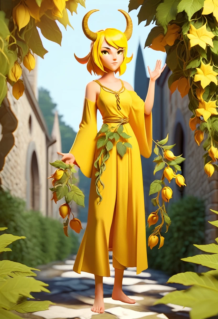 simple style, valorant style,(character concept art),  yellow medieval summer girl, concept, vines on the hand and horns from vines, (full body)