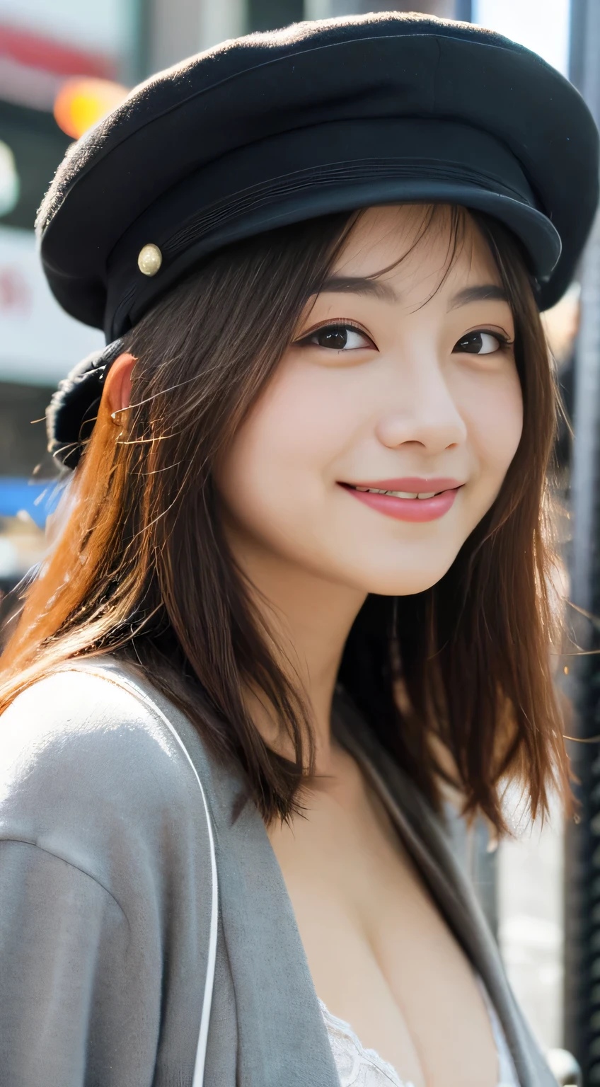masterpiece,best quality,(Japanese ),((Beautiful girl)),cleavage,(perfect body beauty:1.2),(shy smile),beautiful teeth,(hat),(Shibuya scramble crossing),light colored hat,